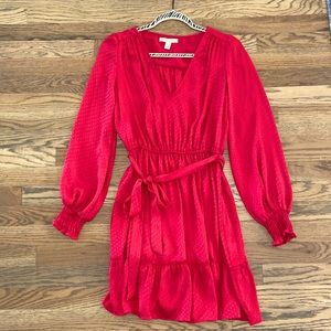 Chelsea & Violet Long Sleeve Red Polka Dot Dress With Tie At Waistband.